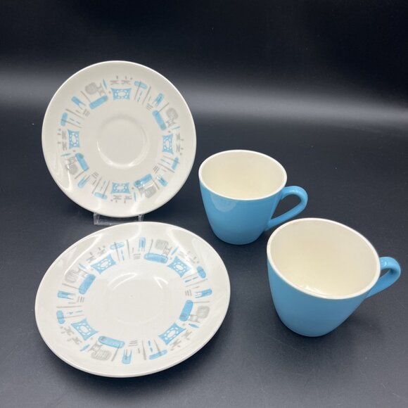 MCM 1950's Blue Heaven China Coffee /Tea Cup & Saucer 2 Sets - Picture 2 of 16